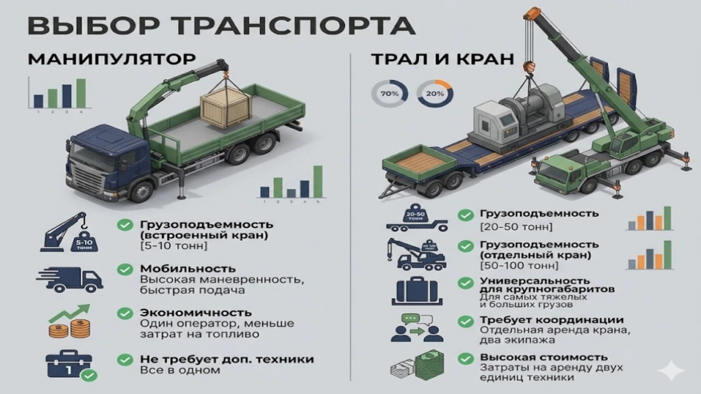 Инфографика сравнения крана-манипулятора и трала для транспортировки бытовок