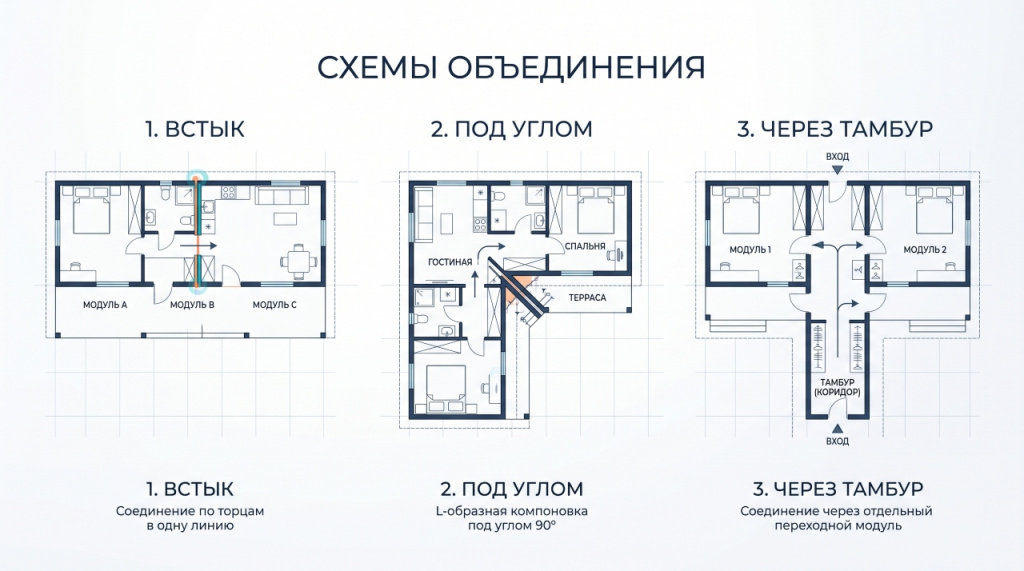 Схемы планировок при соединении двух бытовок: в линию, Г-образно и через коридор.