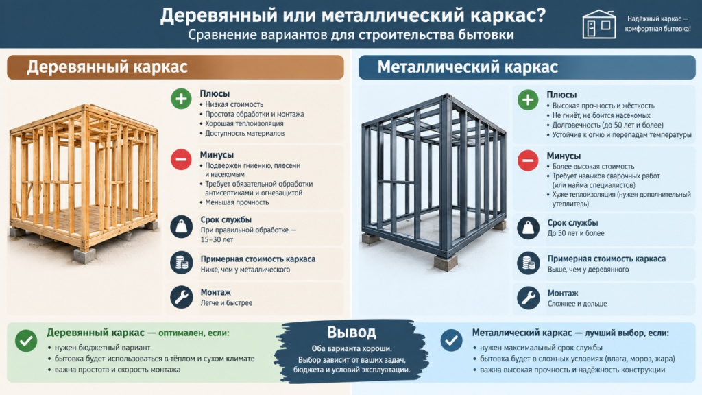 Сравнение деревянного и металлического каркаса для строительства бытовки.